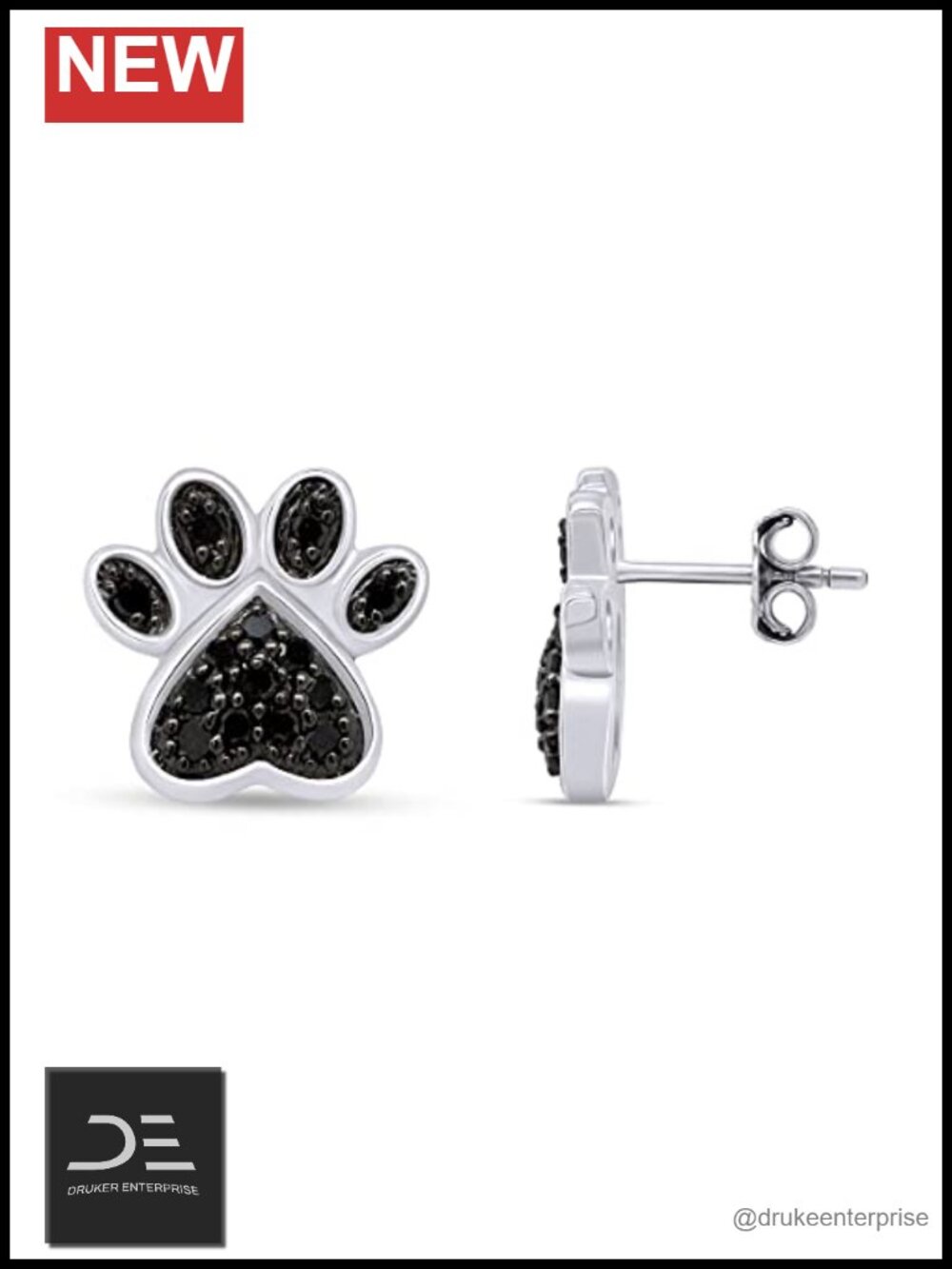 Paw Print Stud Earrings 14k White Gold Over Sterling Silver 0.25ctw Black